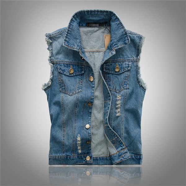 

men's casual plus large size holes ripped denim vest slim light medium blue tank coat outerwear s-m--xl-2xl-3xl-4xl-5xl-6xl, Black;white