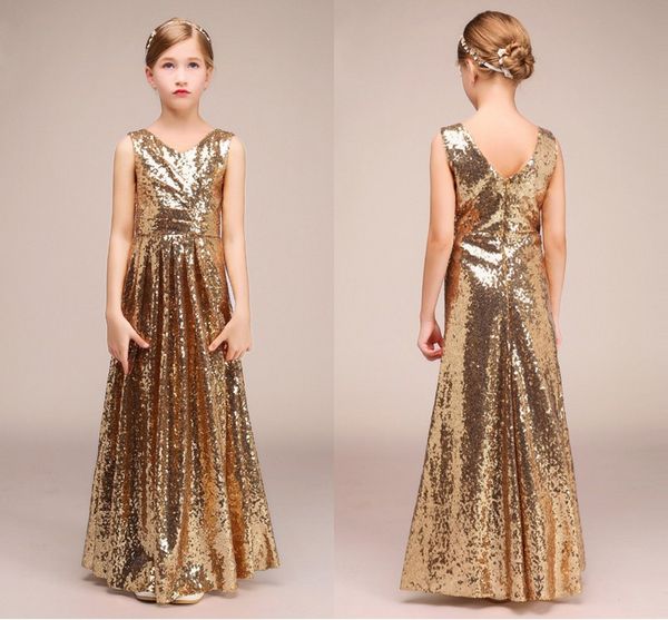 Sexy goldene Pailletten Junior-Brautjungfernkleider für Mädchen, V-Ausschnitt, gerüscht, rückenfrei, Reißverschluss, bodenlang, langes, günstiges Festzug-Kleid für Mädchen