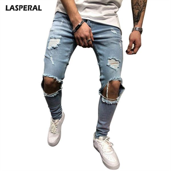 

lasperal mens knee holes distressed denim joggers plus sieze 4xl ripped jeans men pants 2018 fashion brand male jeans bottom, Blue