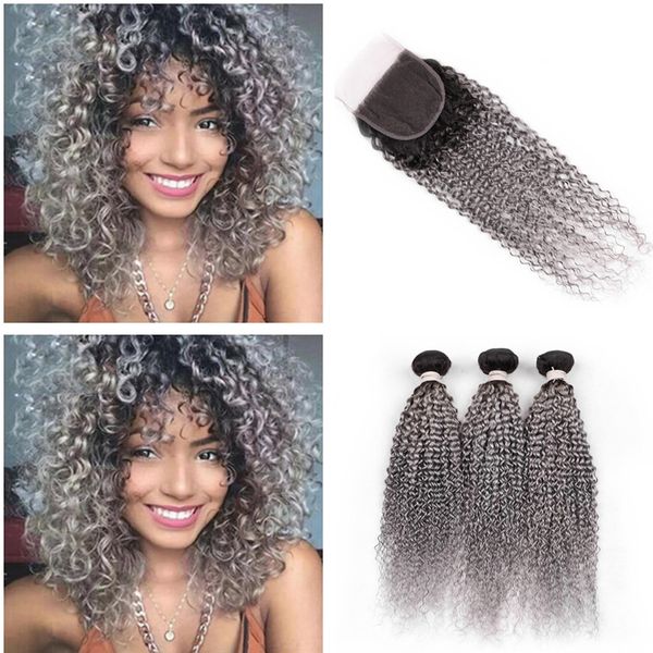 2019 Kinky Curly Ombre Grey Human Hair Bundles With Closure 2 Tone