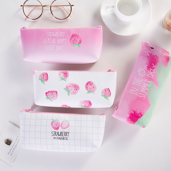 

cute kawaii pu leather strawberry pencil case pencil bag for kids gift school supplies