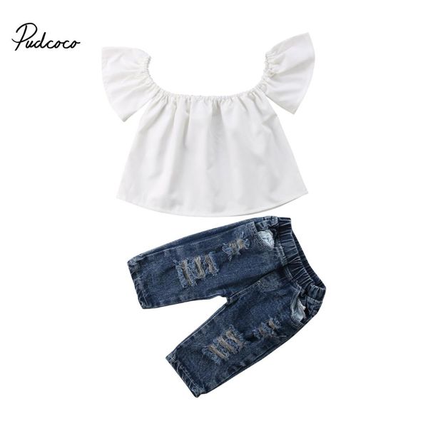 

lovely 2pcs toddler baby girls clothes solid color off shoulder t-shirt long blue crippled pants kids outfits summer set new, White