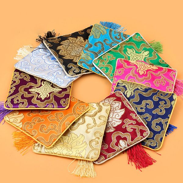 

chinese silk brocade embroidered jewelry pouch bag 11.5x11.5cm coin purses xmas gift bag zipper pocket mix colors wholesale, Pink;blue