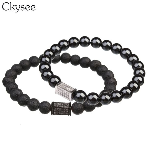 

ckysee nature lava stone hematite beads bracelet bangles square crystal zircon charm bracelets for women men jewelry, Black