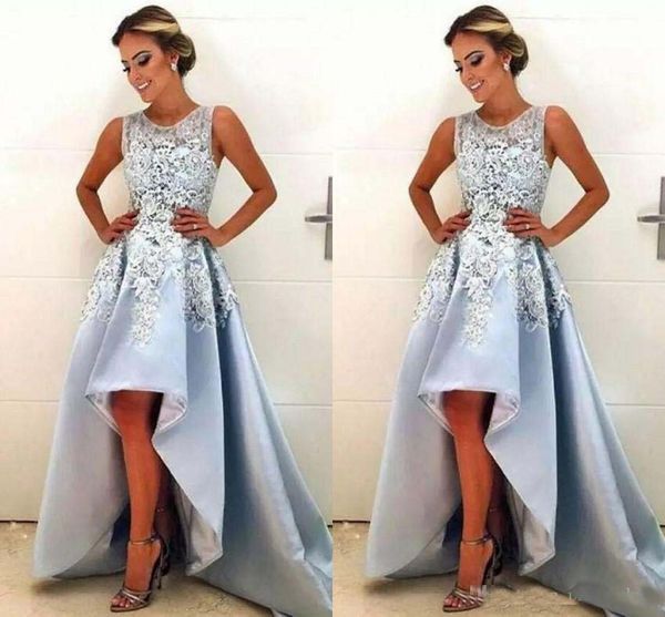 2018 Novo Design Hi-Lo Vestidos de Baile de Jóias Sem Mangas Rendas Apliques Uma Linha Formal Vestidos de Festa Vestidos Formais