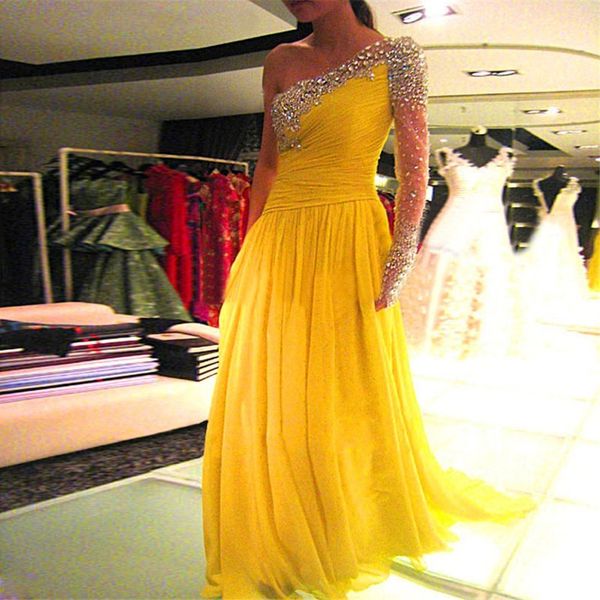 

yellow elegant one shoulder long sleeve prom dresses custom made a line crystals sequins pleat floor length chiffon formal party dress eveni, Black