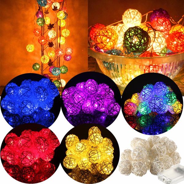 

new design 2.2m 20 lamp 4cm color rattan ball battery box led string lights new year christmas decor christmas ornaments for home