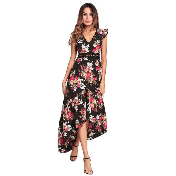 

floral maxi beach dress women 2018 summer backless v-neck hollow out waist flower black white high low long dresses plus size, White;black