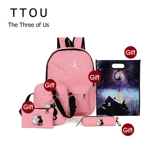 

ttou 4cs/set canvas women backpacks schoolbag printing cute cat school bag backpack for teenager girls green rucksack moclila sa