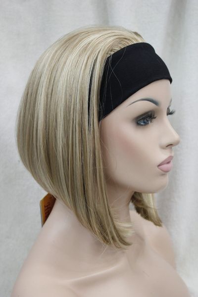 

gt;>>cute blonde mix 3/4 wig with headband short straight synthetic women's half wig, Black;brown