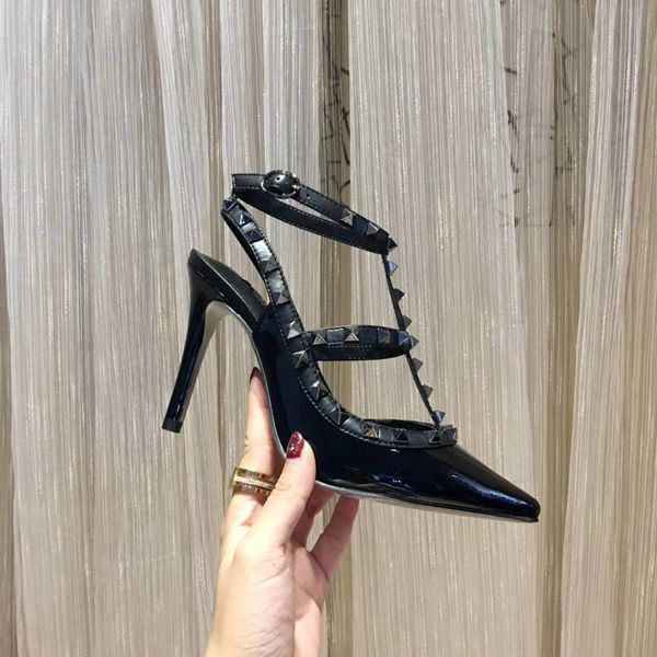 

va038 high heels lacquered rockstuded slingback ankle strap patent sandal rivets sandals studded pump pumps wedding shoes summer sandaled, Black