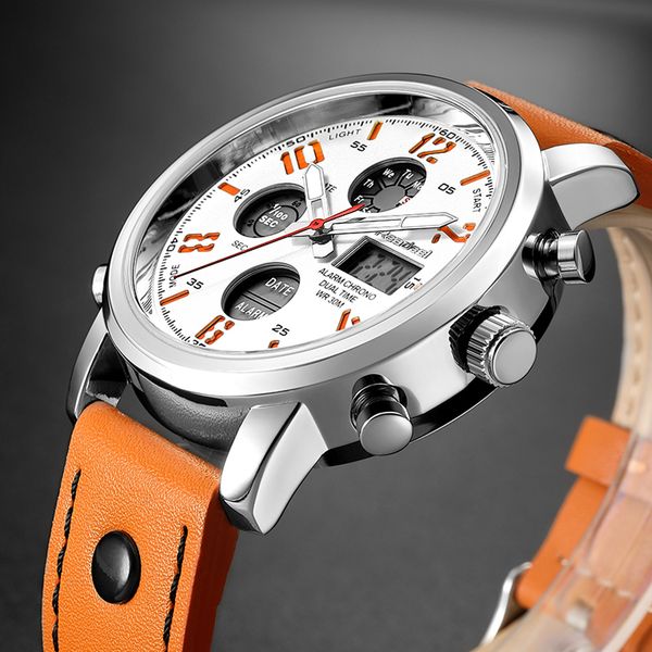

readeel brand led quartz sport watches men analog digital dual display watch clock genuine leather led waterproof man wristwatch, Slivery;brown