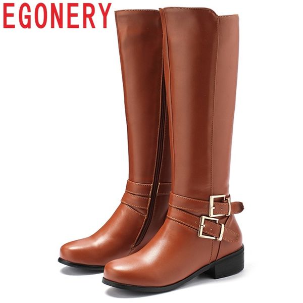 

egonery 2018 new winter plush warm round toe women shoes med square heel zip metal decoration black and brown knee high boots