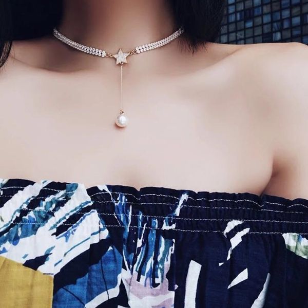 

star pearl pendant choker diamonds tassel tennis necklace women fashion 18k gold plated graduated jewelry two styles ing, Black