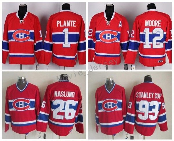 

Hockey 12 Dominic Moore Jersey Men Montreal Canadiens 93 Stanley Cup 26 Mats Naslund 1 Jacques Plante Vintage Classic Red White