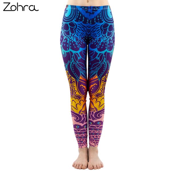 

zohra fashion women blue printing mandala leggings workout elasticity pants fitness stretch slim bottoms, Black