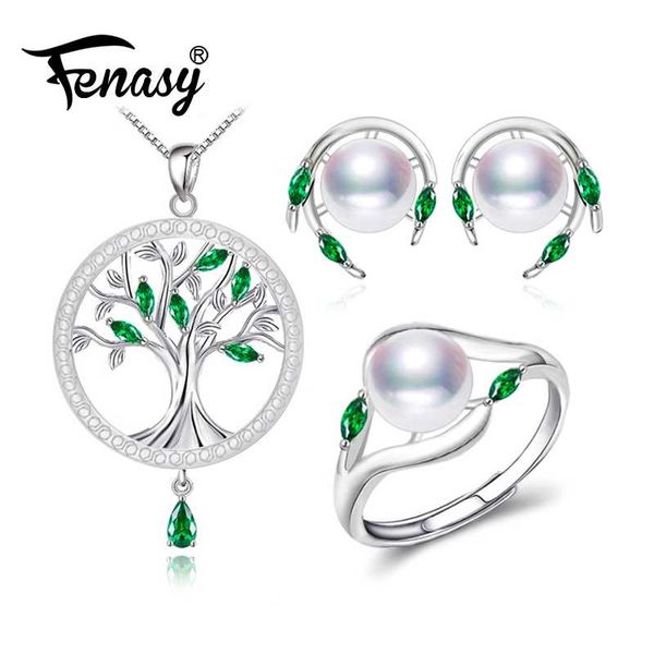

fenasy pearl jewelry sets pearl necklace earrings for women bohemian 925 sterling silver emerald big tree pendant ring set, Black
