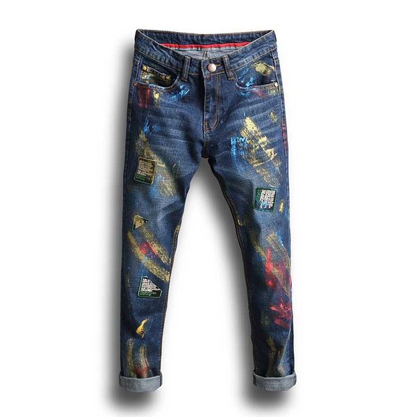 

men painted jeans printing denim pants casual fashionable pencil pants mid waist colorful, Blue