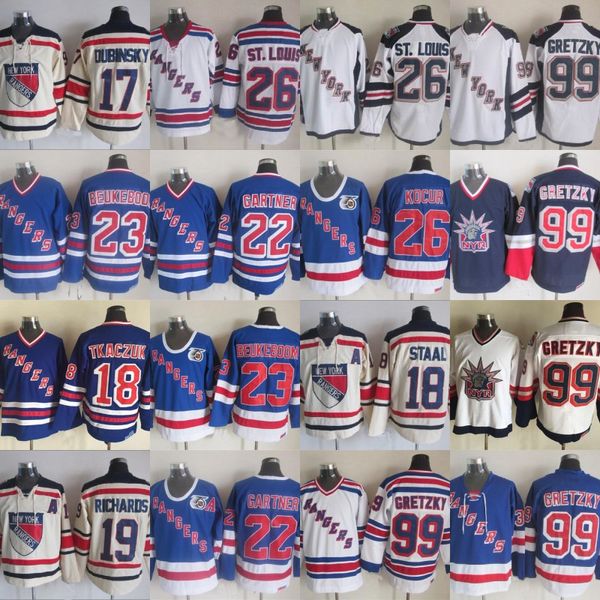 

New York Rangers 99 Wayne Gretzky Jersey 18 Marc Staal 22 Mike Gartner 23 Jeff Beukeboom 26 Joe Kocur 75th Hockey Jerseys