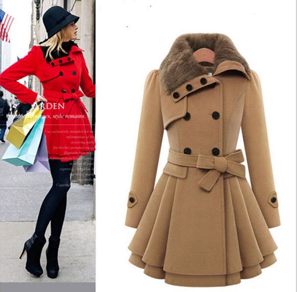 

big size women slim long sleeve coat double breasted coat thick coat + belt, Black