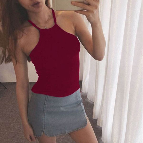 

summer women slim halter neck off-shoulder camisole female bodycon tanks sleeveless basic solid color cam hot, White