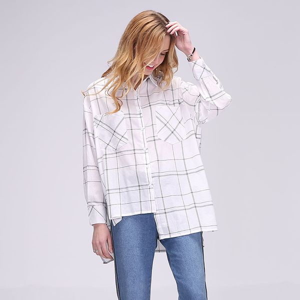

dioufond irregular cotton plaid women blouses shirt loose long sleeve with pockets korean style white plaid camisa female