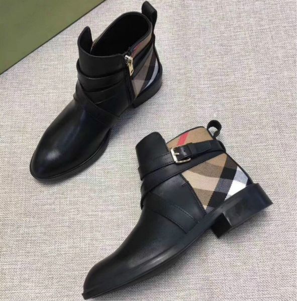

luxury women's booties new handmade plaid fabric leather stitching comfort wild flat buckle british martin boots, Black