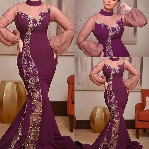 

High Neck Dubai Grape Luxury 3D-Floral Crystal Mermaid Evening Dresses 2019 with Long Sleeve Arabic Muslim Occasion Formal Prom Wear Gowns