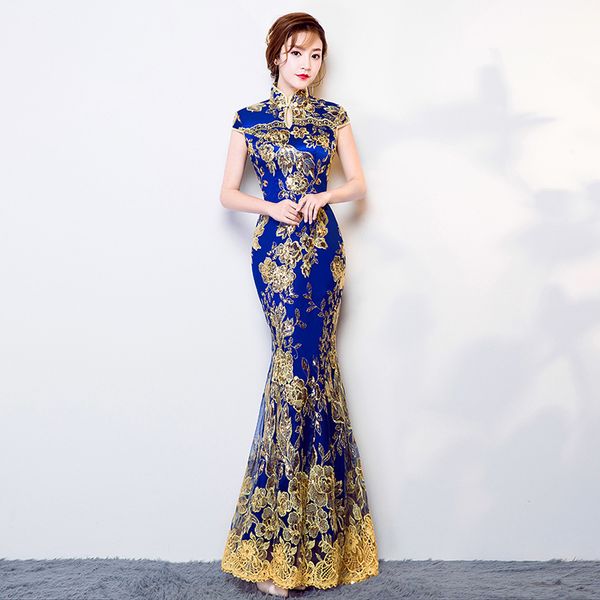 

blue wedding party cheongsam oriental evening dress chinese traditional womens elegant qipao lace long robe retro vestido, Red
