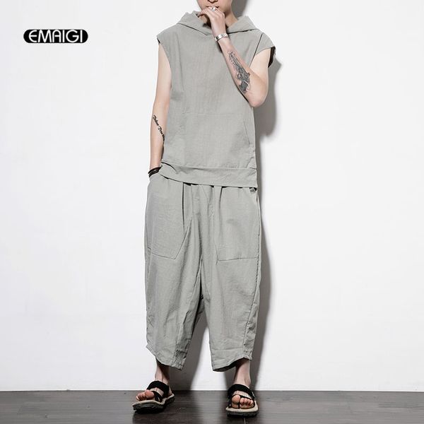 

men 2pcs sets (tshirt+pant) loose casual wide leg pant male beach harem trouser, Black