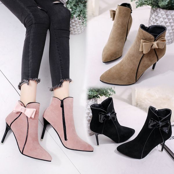 

wholesale women autumn and winter new martin boots europe the united states pointed high heels dress shoes wild bow wild scrub boots, Black