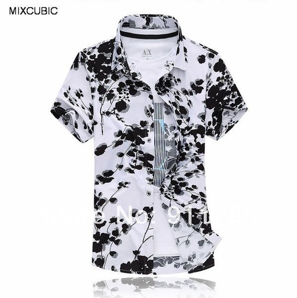 

mixcubic summer mercerized flowers printed shirts men white loose floral printing glossy short-sleeved shirts men,size l-7xl, White;black
