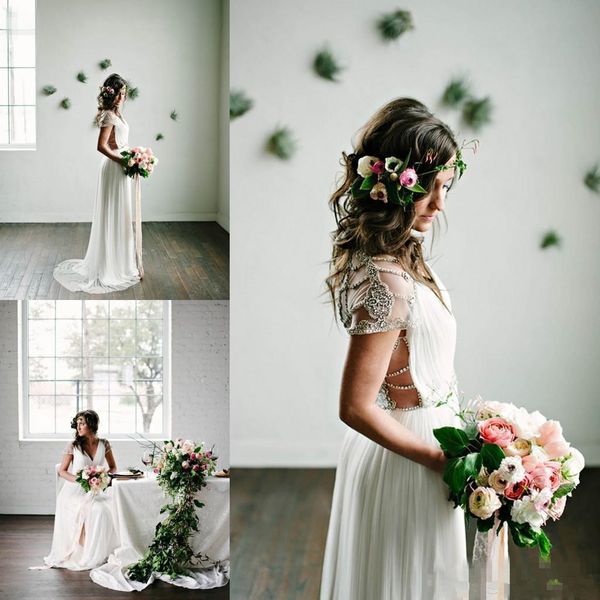 

богемные свадебные платья с короткими рукавами шифон длина пола сверкающий хрусталь бисером вернуться пляж boho свадебные платья для вечерин, White