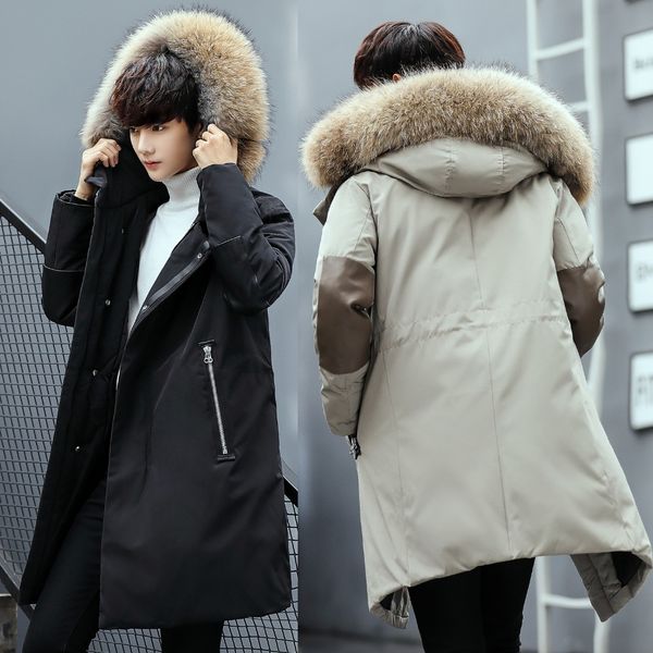 

new winter coat for men. fashionable and casual long coat. raccoon fur collar. warm cotton-padded clothes winter jacket, Black