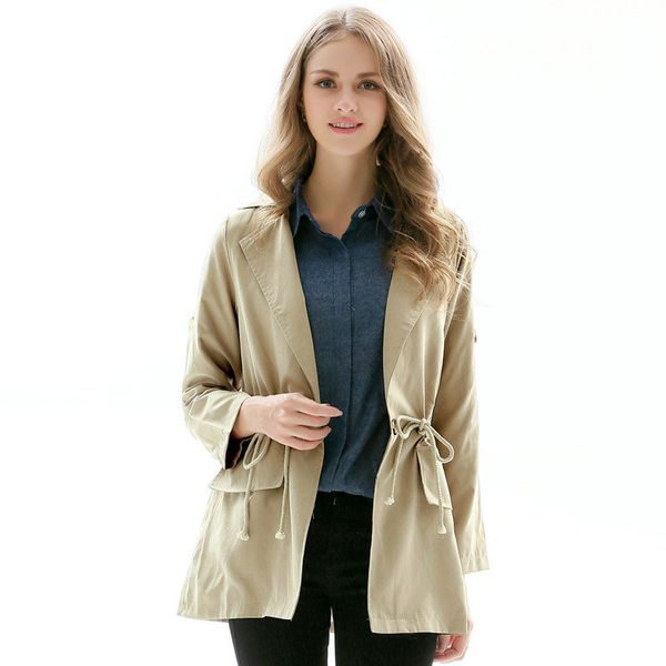 

womem тренч мода drawstring 2018 осень шить повседневная улица портативный ветрозащитный slim fit небольшой ветровка одежда, Tan;black