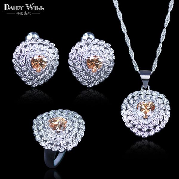 

present 925 stamp silver color bridal jewelry champagne zircon jewelry sets for women earrings/pendant/necklace/rings, Slivery;golden