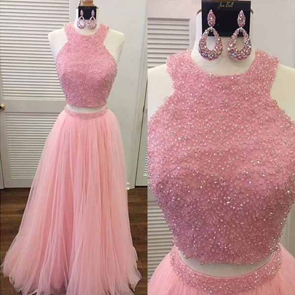 Bescheidene zweiteilige rosa Neckholder-preiswerte Ballkleider, Tüll, A-Linie, Perlen, Perlen, Kristallmieder, plissiert, echtes Foto, formelles Partykleid für den Abend