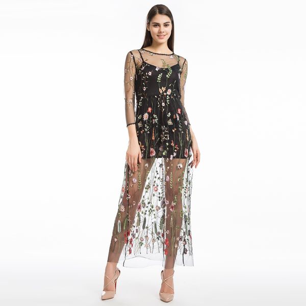

casual embroidery flower casual dress summer two piece mesh maxi dress black dresses long dress clothing vestidos, Black;gray