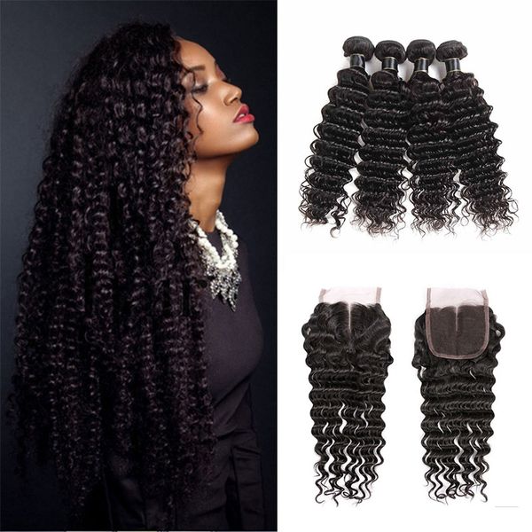 

высочайшее качество дешевые малазийский virgin человеческих волос переплетений deep wave 4 связки с 4x4 шнурка закрытие переплетений человеч, Black