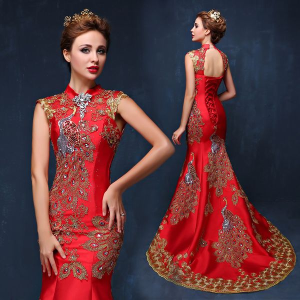 

overseas chinese luxury blue red embroidered chinese evening dress long cheongsam bride wedding qipao mermaid host dresses oriental qi pao