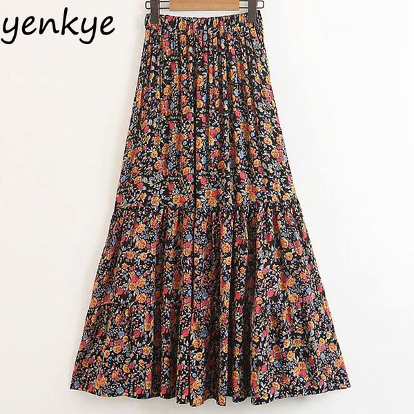 

sweet floral printed boho skirts womens elastic high waist casual long skirt lady summer holiday beach skirt sdp8521, Black