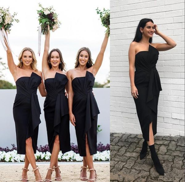 Tè Lunghezza Black Breve Breding Damigella d'onore Abiti Sexy Guaina senza spalline Fronte Split Maid of Honor Gowns Economici Wedding Guest Wear