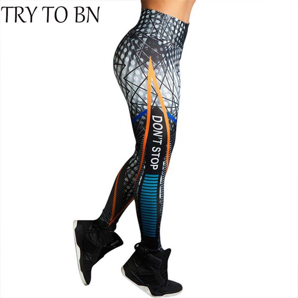 

try to bn letter printing leggings for fitness high waist lift the hips leggings push up workout casual women's, Black