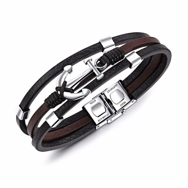 

leather bracelet with fine steel compiling anchor , rebel heart style jewelry gift for men women punk 00514339, Black