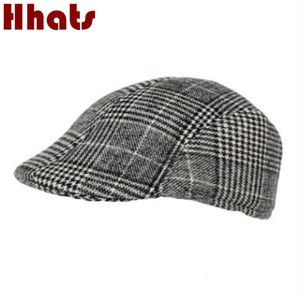 

wool plaid winter visor for old men casual grid spring autumn vintage berets newsboy style flat cap male peaked cap bone, Blue;gray