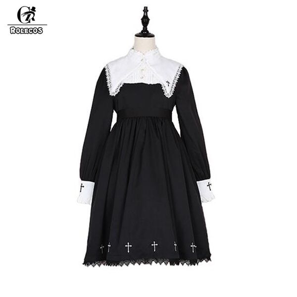 

rolecos steampunk darkness cross dress for women gothic lolita nun sister lace long sleeve dress cross embroidery cosplay, Black;red