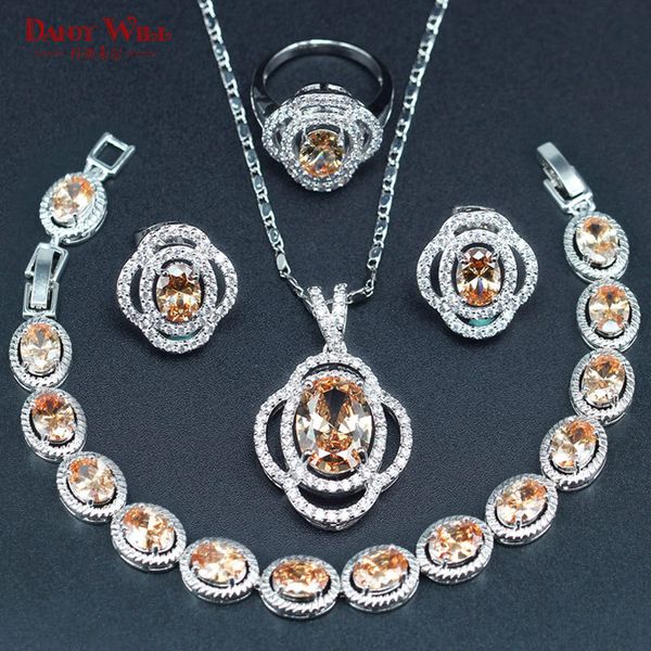 Classic Design Orange Morganite Silver Color Bridal Jewelry Sets