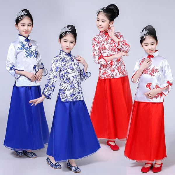 

blue and white porcelain ancient chinese traditional opera kids dynasty ming tang han hanfu dress child costume children girl, Black;red