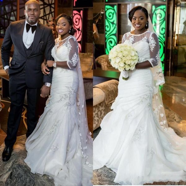 

Nigerian Mermaid Wedding Dresses Jewel Neck Half Sleeves Illusion Lace Appliques Beaded Ruched Organza Sweep Train Formal Bridal Gowns