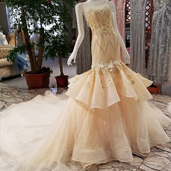 

2019 luxury champagne evening dresses hand work flowers o neck sleeveless lace up beading beaded ruffled mermaid prom dress dubai, Black